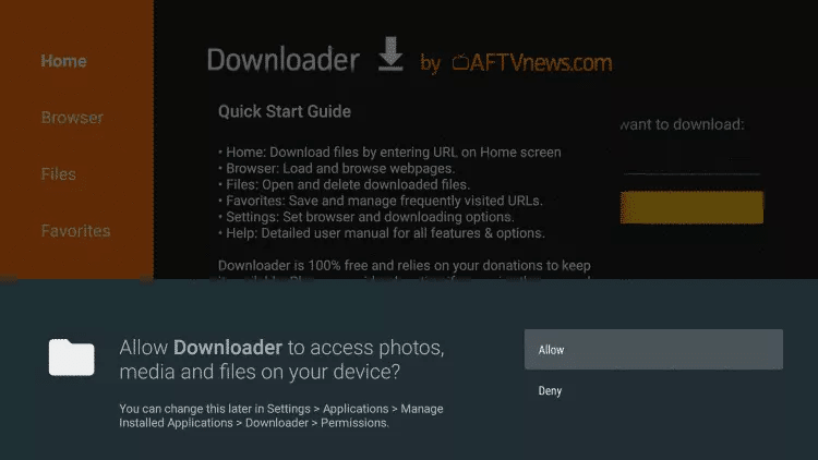 Downloader asking for file access permission on Firestick