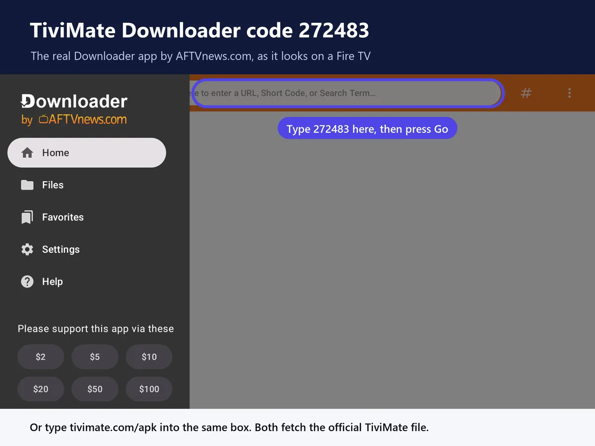 Downloader home screen for the TiviMate Downloader code Real Downloader app home screen on Fire TV where you type the TiviMate Downloader code 272483