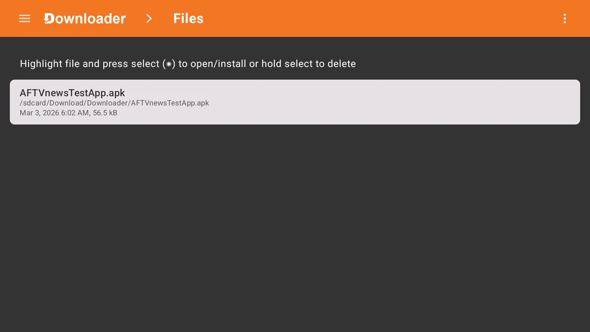 Downloader Files screen Downloader Files screen on Fire TV where the TiviMate installer can be deleted
