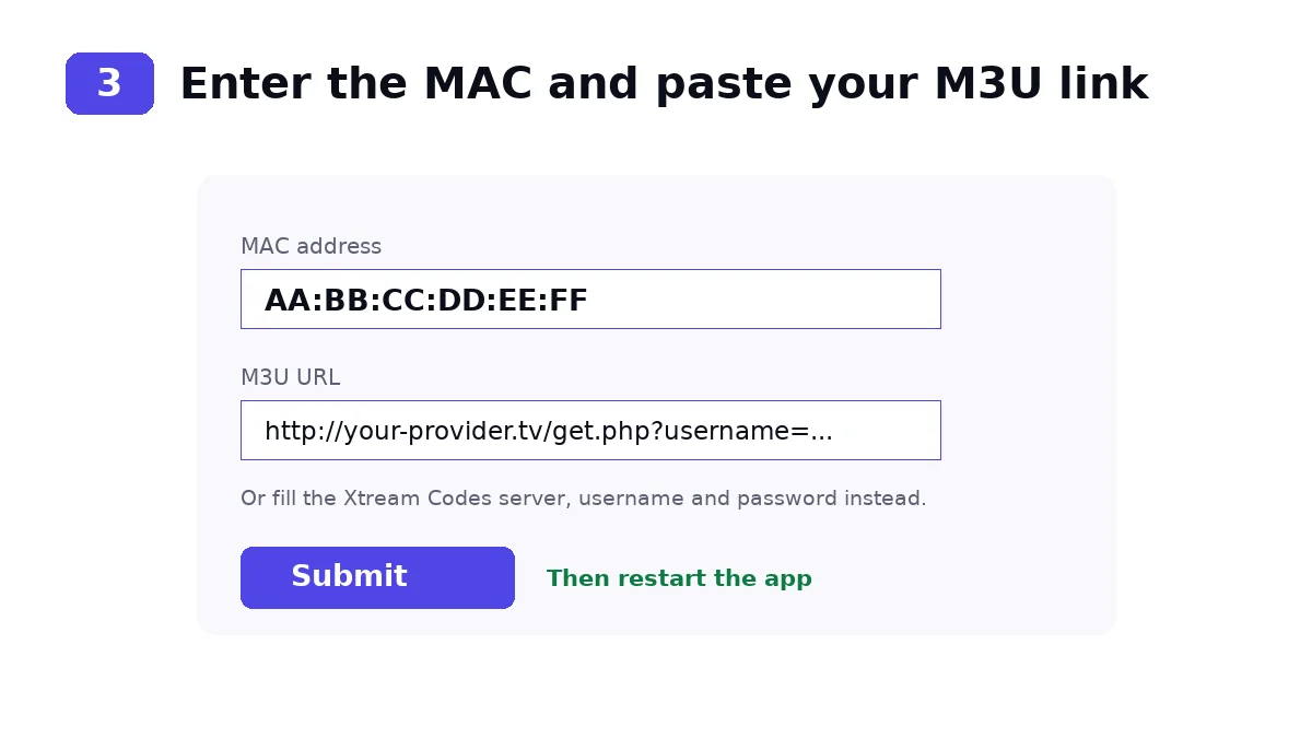 Entering a MAC address and M3U playlist link on the Hot Player upload form