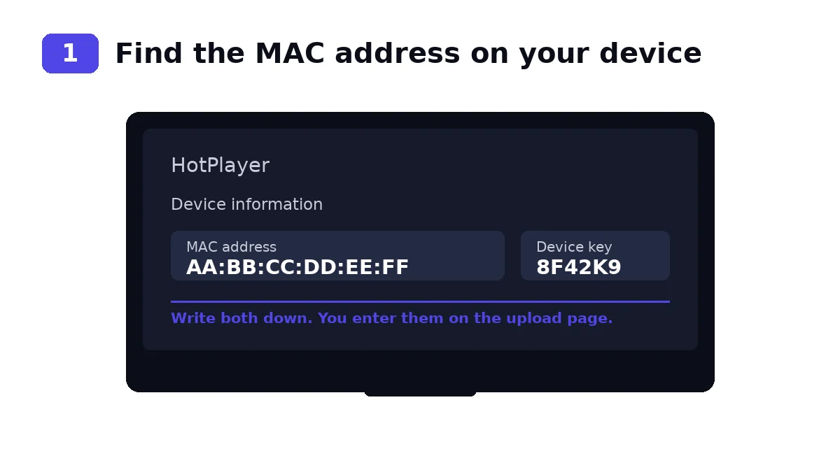 Hot Player showing the device MAC address and device key on a TV screen