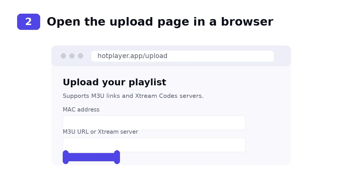 The HotPlayer upload page open in a web browser ready for a playlist