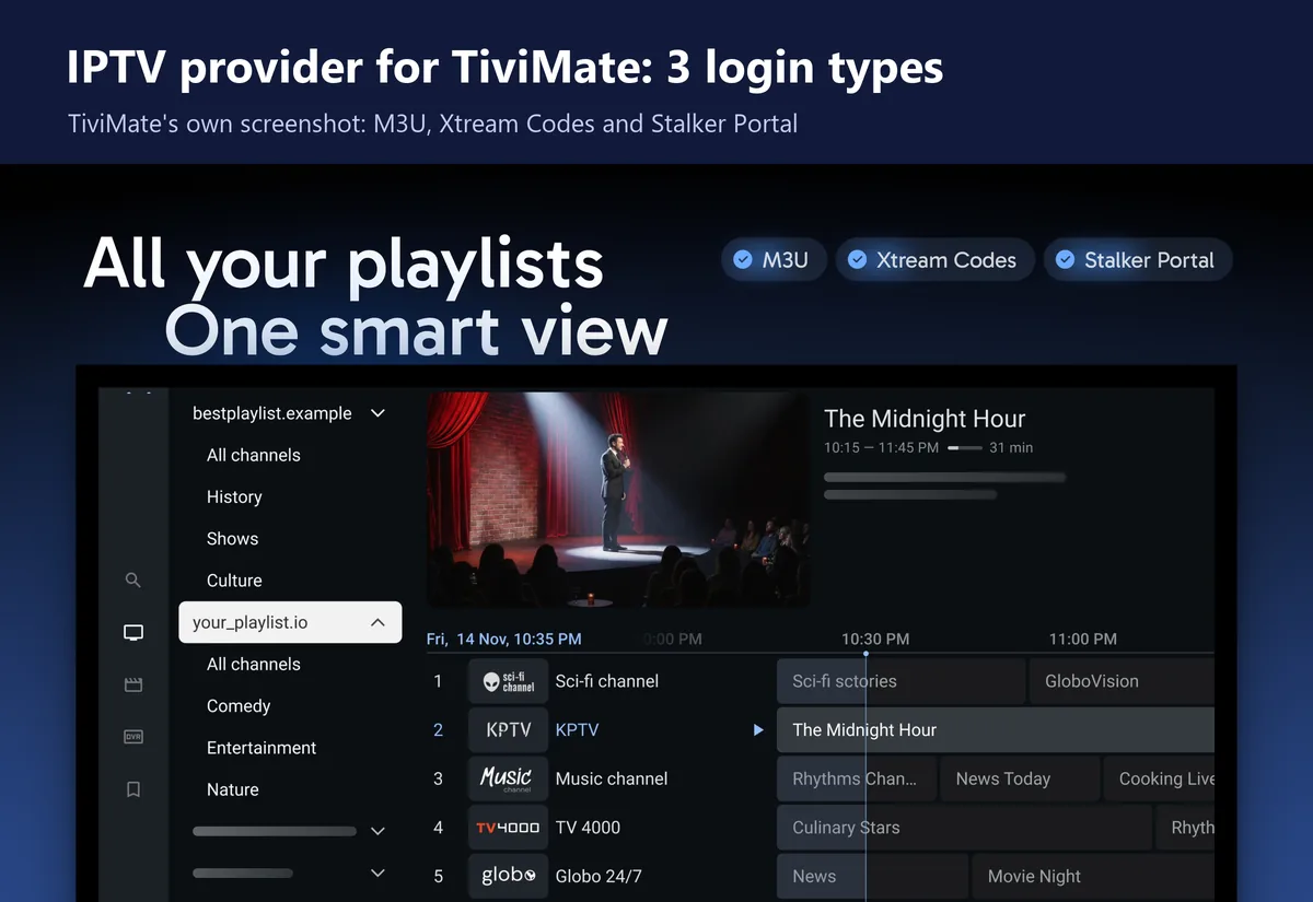 IPTV provider for TiviMate: 3 login types IPTV provider for TiviMate logins shown in TiviMate's own screenshot: M3U, Xtream Codes and Stalker Portal