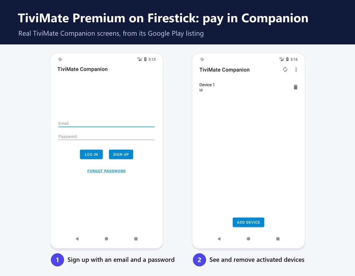 TiviMate Companion sign-up and device screens TiviMate Premium on Firestick is bought in the TiviMate Companion app, shown with its real sign-up and device screens