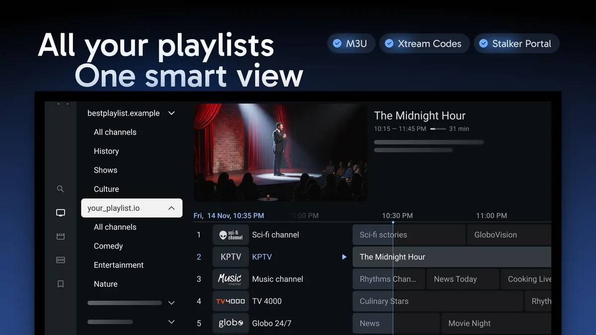 TiviMate playlists and TV guide TiviMate playlist view with its TV guide, supporting M3U, Xtream Codes and Stalker Portal
