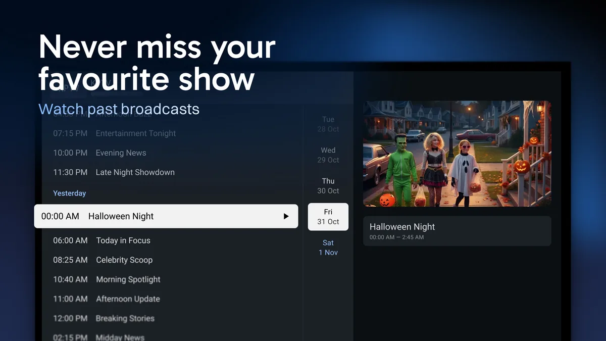 TiviMate catch-up screen TiviMate Premium catch-up screen listing past broadcasts by day